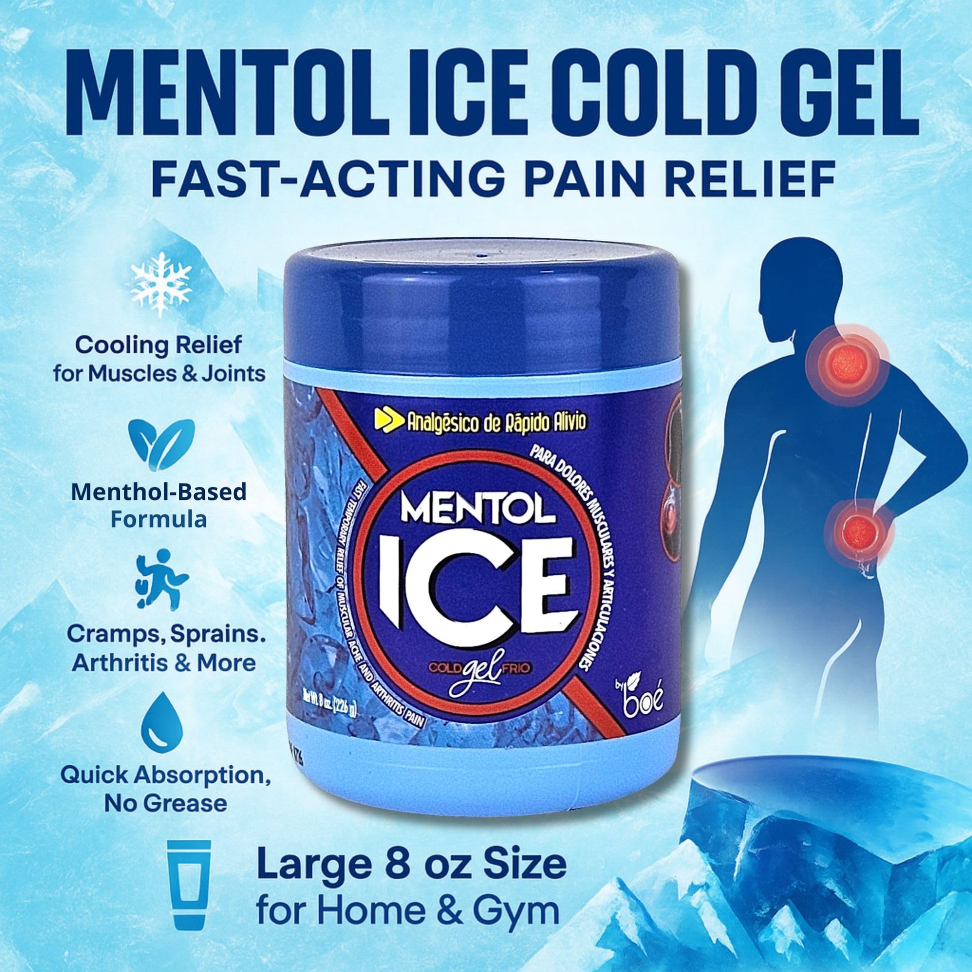 BOÉ COSMETICS Mentol Ice Cold Gel 8 oz (3 Pack) Pain Relief Gel for Muscles & Joints – Fast-Acting Analgesic for Arthritis, Back Pain, Cramps, Sprains & Headaches – Non-Greasy & Quick Absorption BOÉ COSMETICS Au supplements