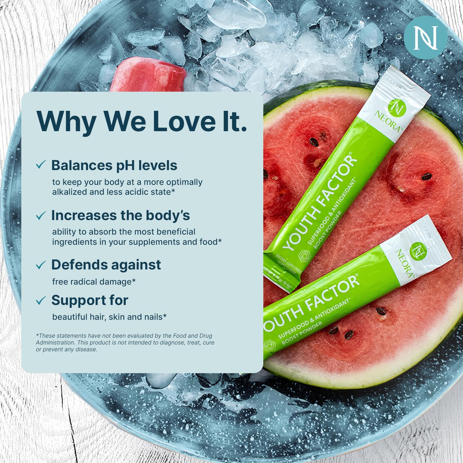 NEORA Youth Factor - Superfood Boost Powder - pH Balance, Hair Skin Nails Support, Fruits & Veggies Equivalent, Nutrient Absorption - 30 Packets NEORA Au supplements