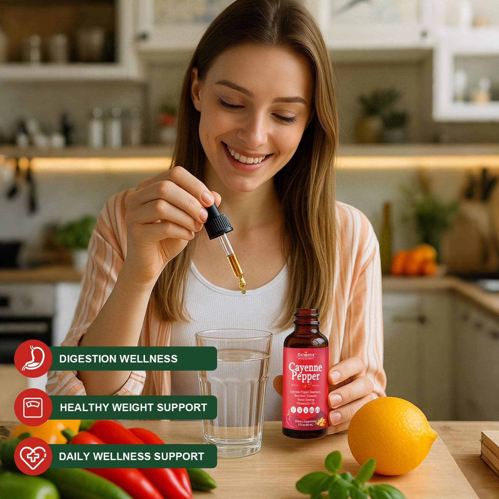 Cayenne Pepper Drops Liquid Supplement Smooth & Sweet Herbal Liquid + Hawthorn Berry, Vitamin D3 K2 Beet Root Powder, Ceylon Cinnamon, Turmeric Curcumin, Organic Panax Ginseng - 2fl oz Oxiventra Au supplements