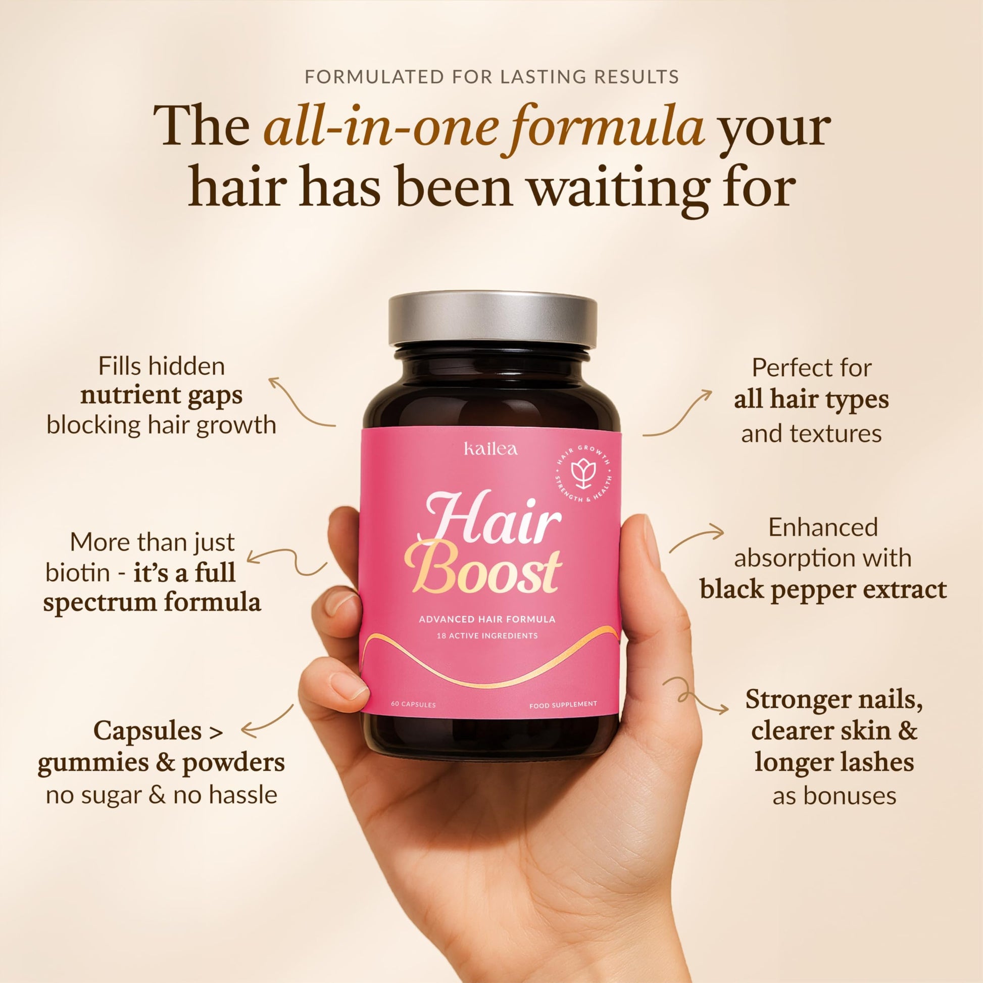 18-in-1 Hair Growth Supplement | Collagen, Hyaluronic Acid, Nettle, Silica, Biotin, Grape Seed Extract, Bamboo | Stronger, Thicker, Longer Hair – Supports Hair Volume, Shine, Scalp & Nail Health kailea Au supplements