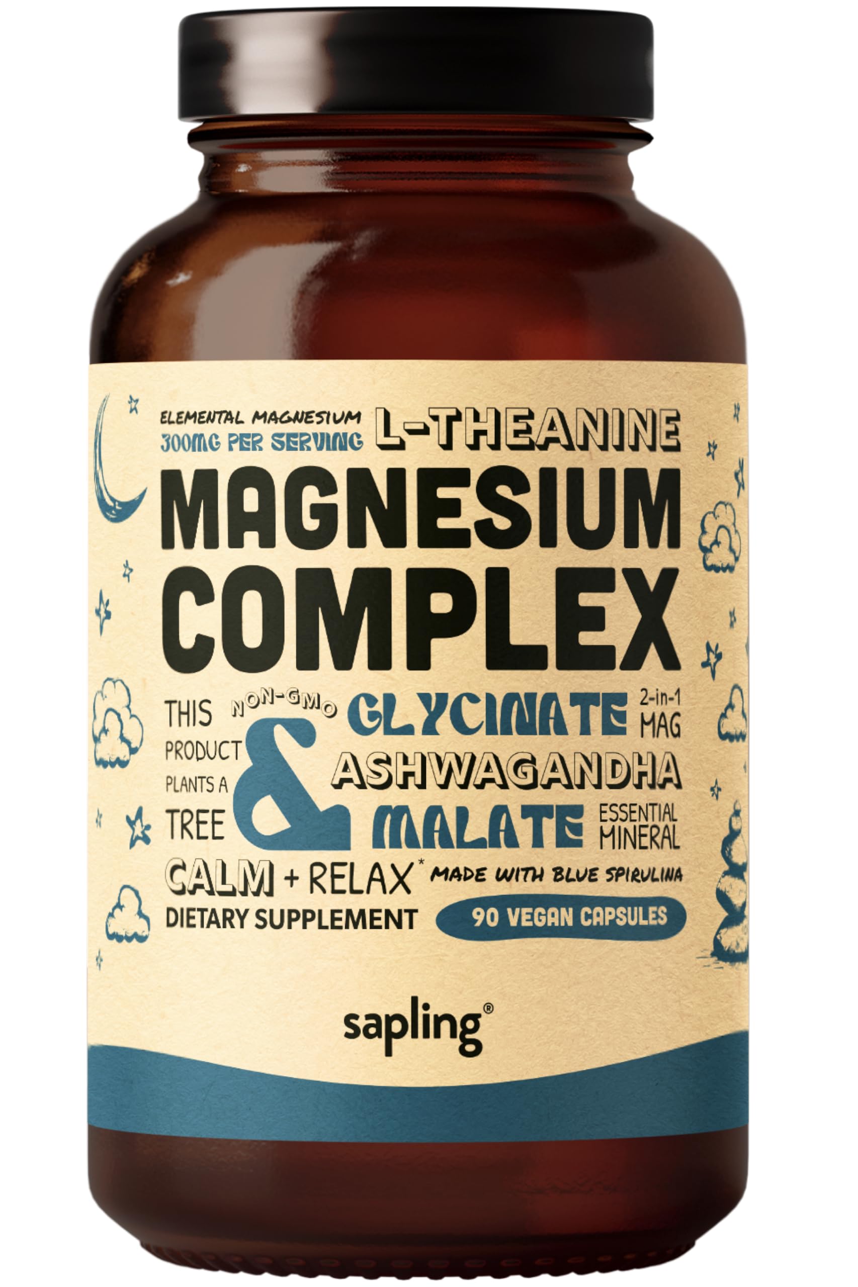 Magnesium Glycinate Complex Supplement - Chelated Magnesium Glycinate with Malate, Organic Ashwagandha, L-theanine & Blue Spirulina - High Absorption, Vegan, Non-GMO, 300mg, 90 Veggie Caps sapling Au supplements