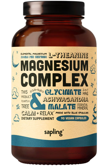 Magnesium Glycinate Complex Supplement - Chelated Magnesium Glycinate with Malate, Organic Ashwagandha, L-theanine & Blue Spirulina - High Absorption, Vegan, Non-GMO, 300mg, 90 Veggie Caps sapling Au supplements