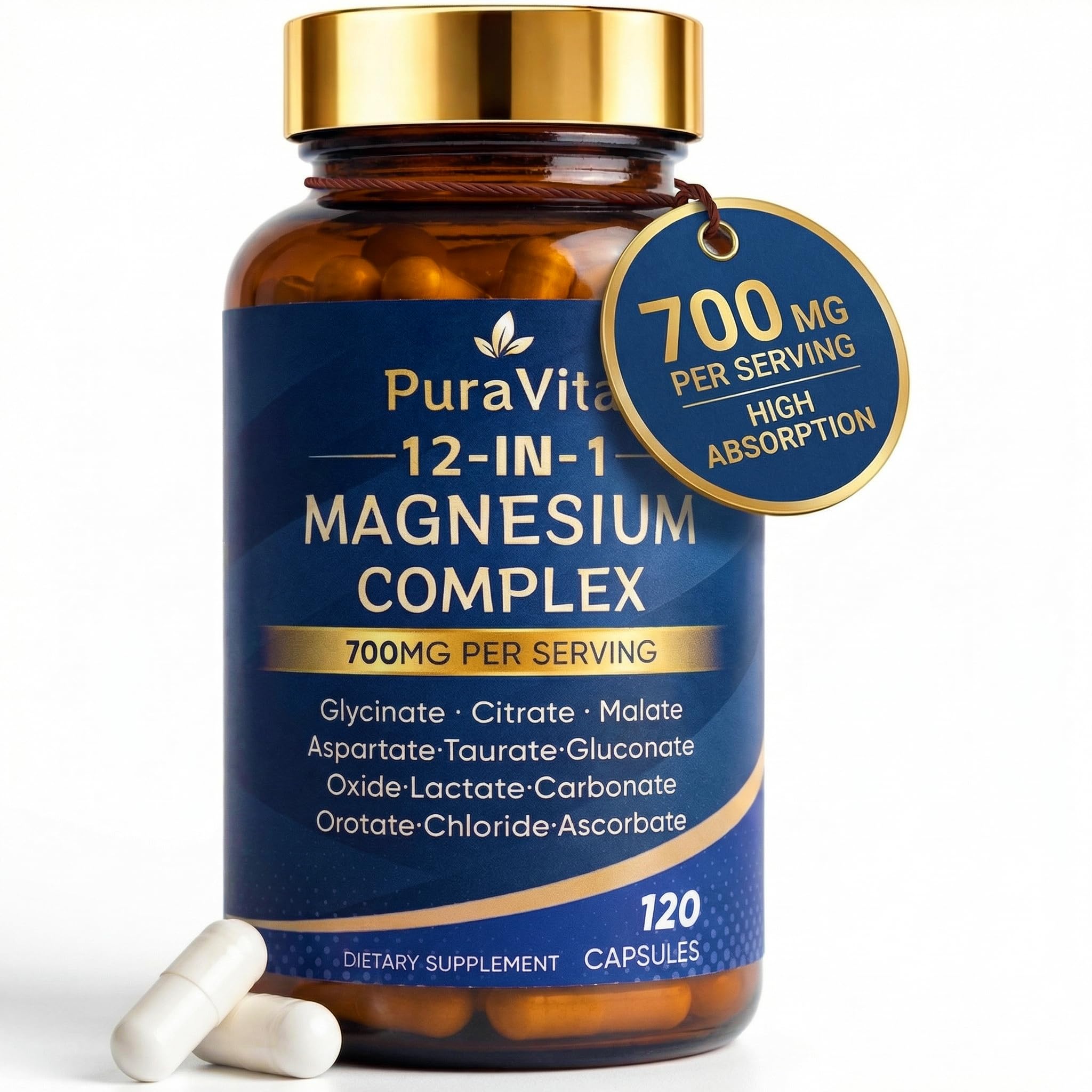 Puravita 12 in 1 Magnesium, Magnesium Complex for Women Men, 700mg High Absorption, Glycinate, Citrate, Malate, Oxide, Taurat, Relaxation & Energy Support, Vegan 120 Capsules (A) PURAVITA Au supplements