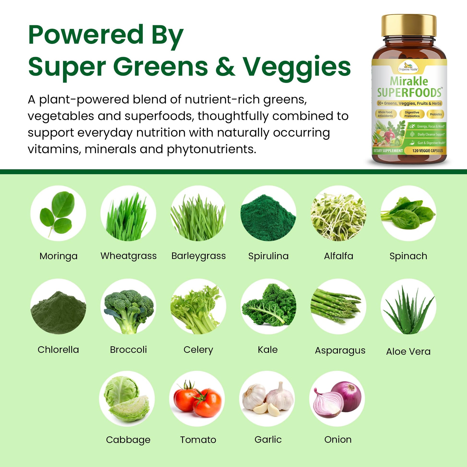 Organic Veda Mirakle Superfoods Greens Capsules - 30+ Daily Greens and Veggies Supplement with Moringa, Spirulina, Chlorella, Turmeric & Herbs, Antioxidants, Resveratrol, Probiotics - 120 Capsule Organic Veda Au supplements