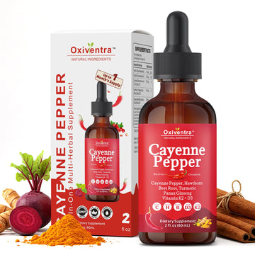 Cayenne Pepper Drops Liquid Supplement Smooth & Sweet Herbal Liquid + Hawthorn Berry, Vitamin D3 K2 Beet Root Powder, Ceylon Cinnamon, Turmeric Curcumin, Organic Panax Ginseng - 2fl oz Oxiventra Au supplements