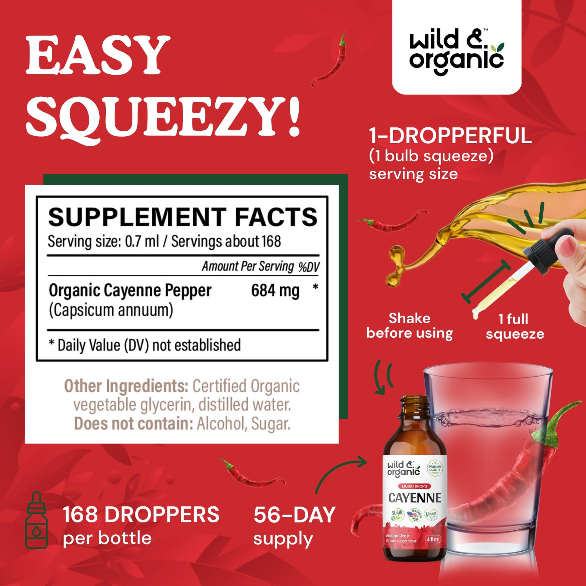 Wild & Organic Cayenne Pepper Tincture - Digestive Support with Capsaicin Extract - Cayenne Pepper Liquid Drops for Overall Well-Being - Unflavored, Vegan, Sugar & Alcohol-Free - 4 fl oz Wild & Organic Au supplements