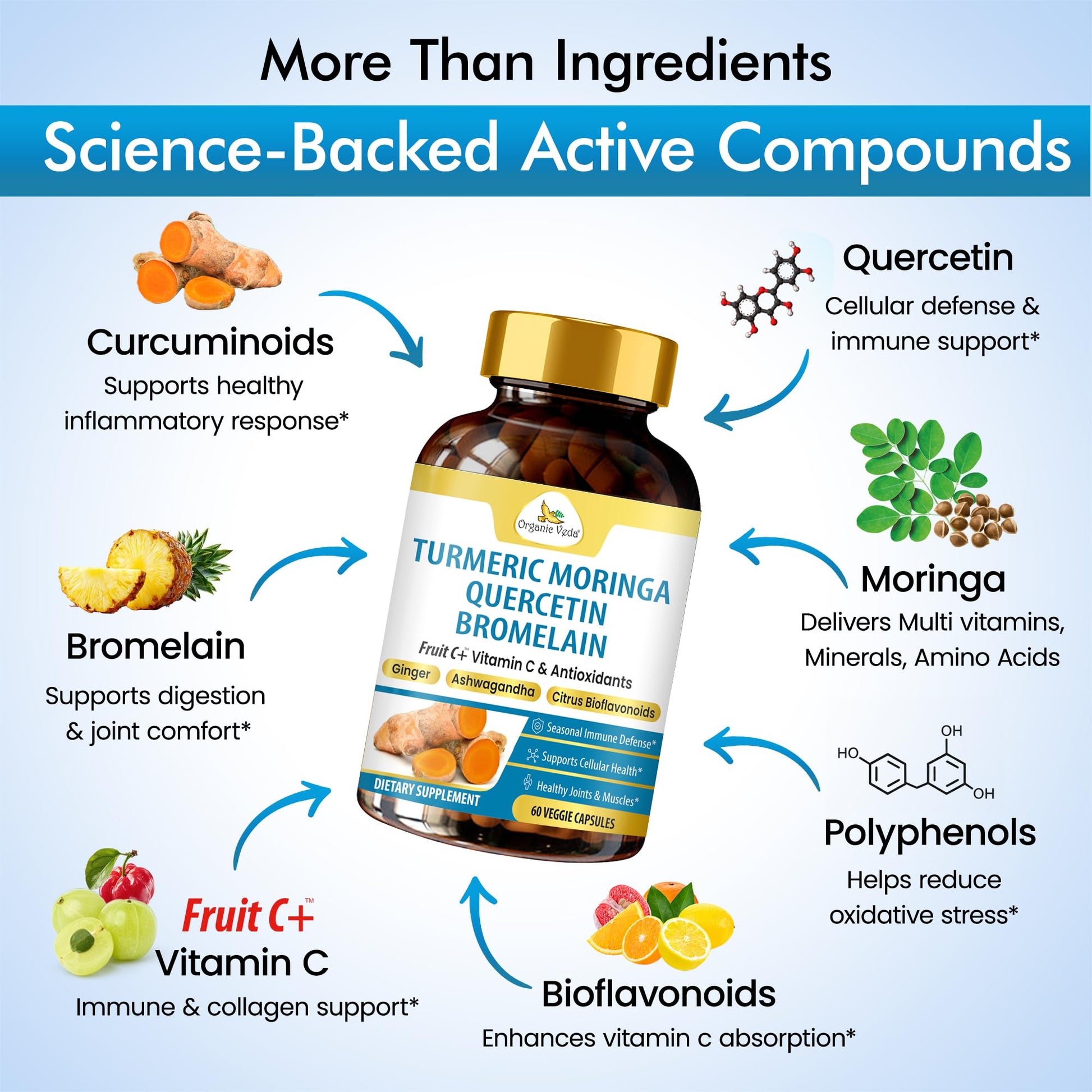 Organic Veda Turmeric Moringa Quercetin with Bromelain Capsules - Fruit C+ Vitamin C Antioxidants Immune System & Respiratory Supplement - Ashwagandha, Ginger, Citrus Bioflavonoids, 60 Vegan Capsule Organic Veda Au supplements
