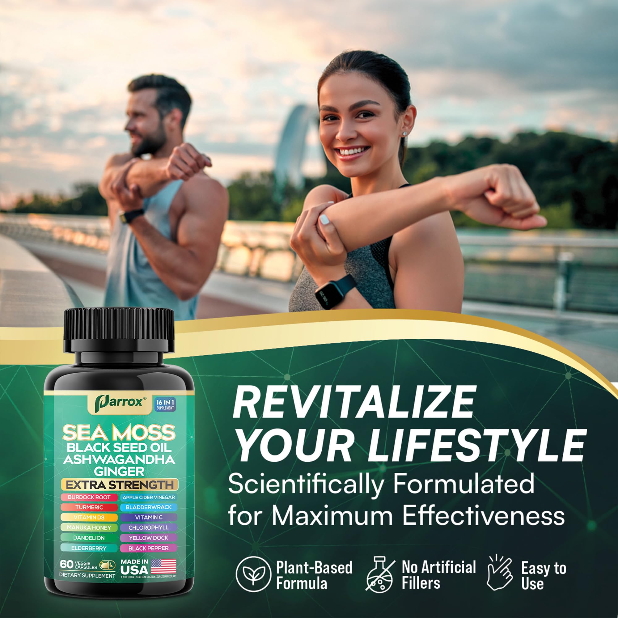 Parrox Sea Moss, Black Seed Oil, Ashwagandha, Turmeric, Chlorophyll, Dandelion, Ginger, Vitamin D3, Black Pepper, Elderberry, ACV, Yellow Dock, Burdock Root, Manuka, Vitamin C, Bladderwrack (60 Caps) Parrox Au supplements