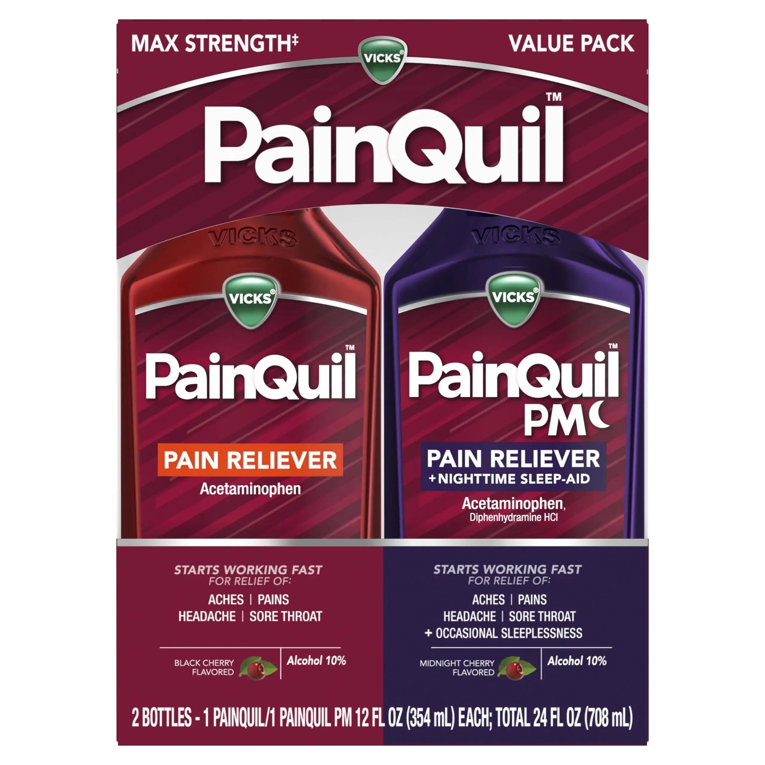 Vicks PainQuil & PainQuil PM Pain Relief Liquid, 1000mg Acetaminophen, 2x12 oz Vicks Au supplements