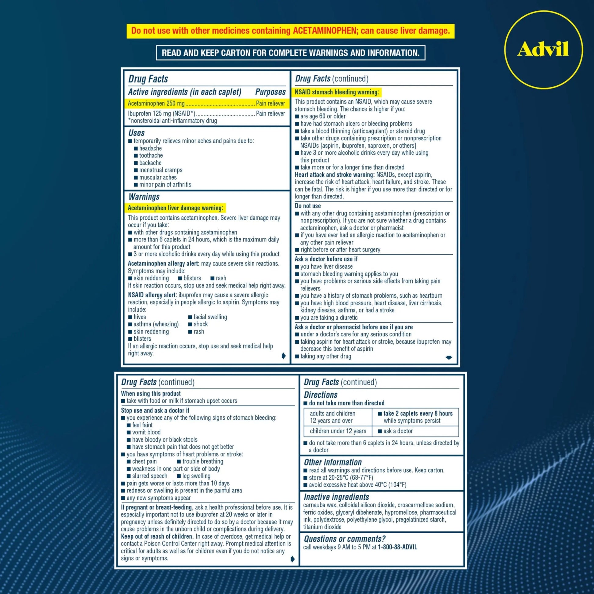 Advil Dual Action With Acetaminophen And Ibuprofen (2 Dose Equivalent) For 8 Hour Pain Relief, Coated 144 Ct Caplets And 2 Ct. Sample Of Advil PM Advil Au supplements