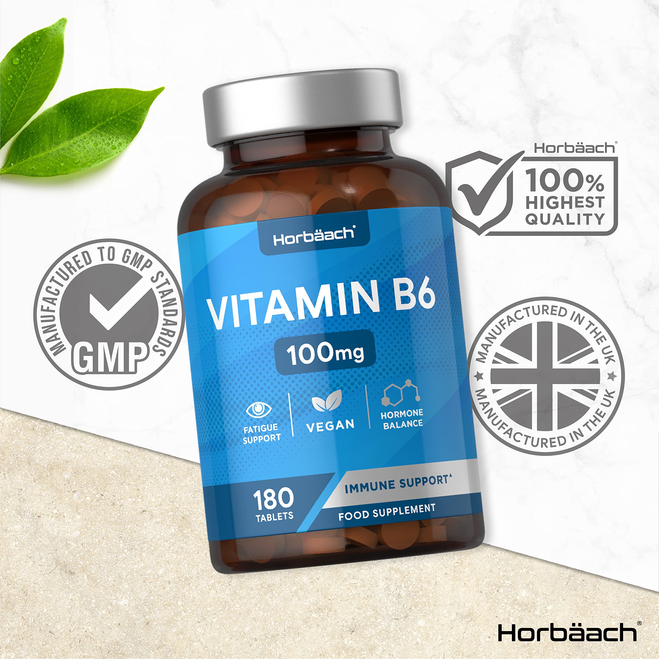 Vitamin B6 100mg | 180 High Strength Tablets | Regulation of Hormonal Activity & Fatigue Horbäach Au supplements