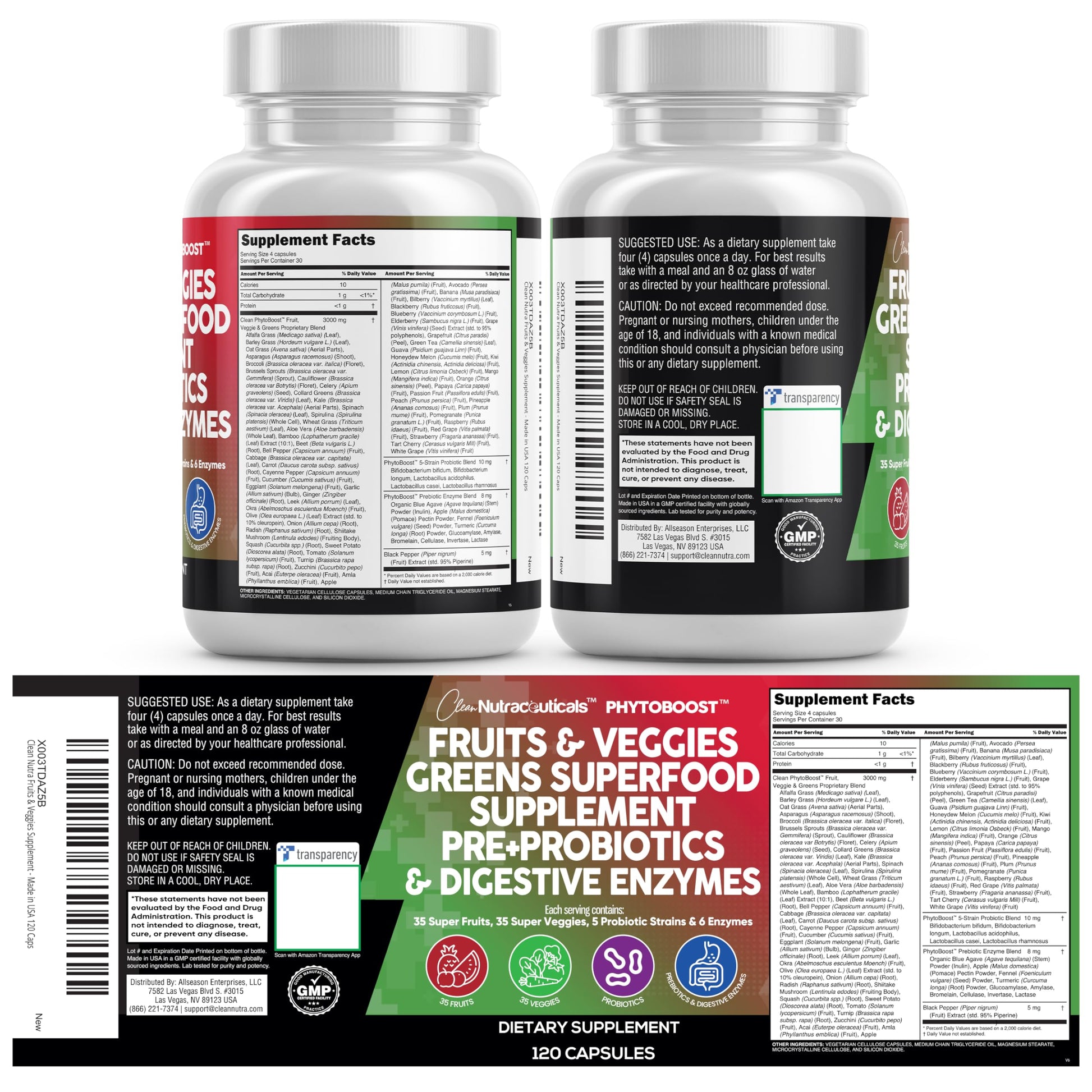 Clean Nutraceuticals Fruits and Veggies Supplement Reds & Green Superfood - Balance of Over 70 Fruit & Vegetable Supplements Capsules with Probiotics Prebiotics Digestive Enzymes - 120 Ct USA Clean Nutraceuticals Au supplements