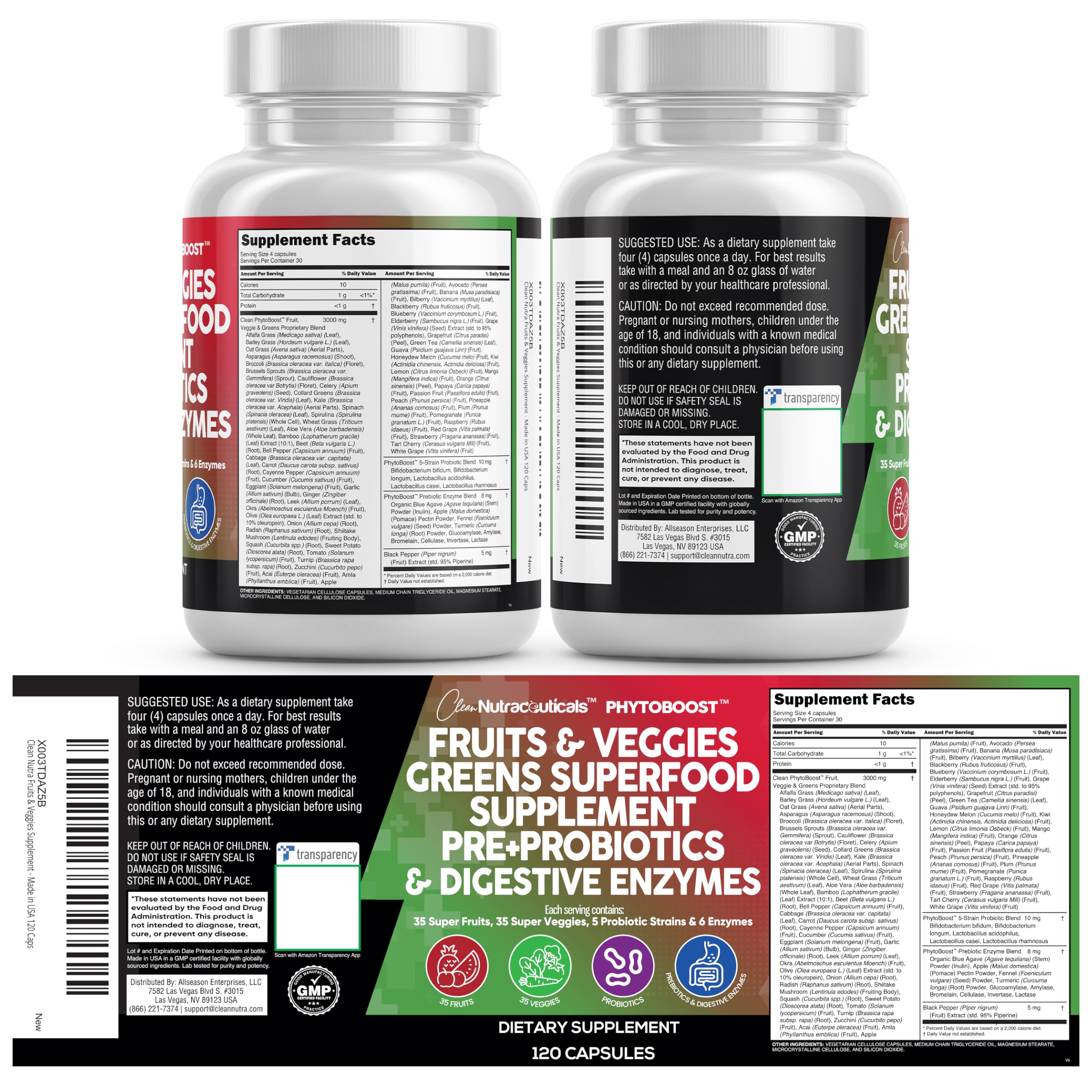 Clean Nutraceuticals Fruits and Veggies Supplement Reds & Green Superfood - Balance of Over 70 Fruit & Vegetable Supplements Capsules with Probiotics Prebiotics Digestive Enzymes - 120 Ct USA Clean Nutraceuticals Au supplements