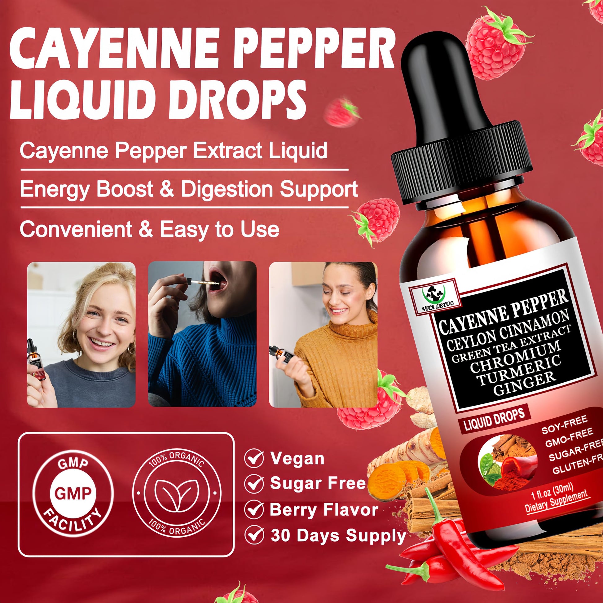 Cayenne Pepper Drops, High Absorption 6-in-1 Liquid Cayenne Pepper Supplement w/Ceylon Cinnamon, Green Tea Extract, Turmeric, Organic Liquid Drops Than Cayenne Capsules Powder Vita letuo Au supplements