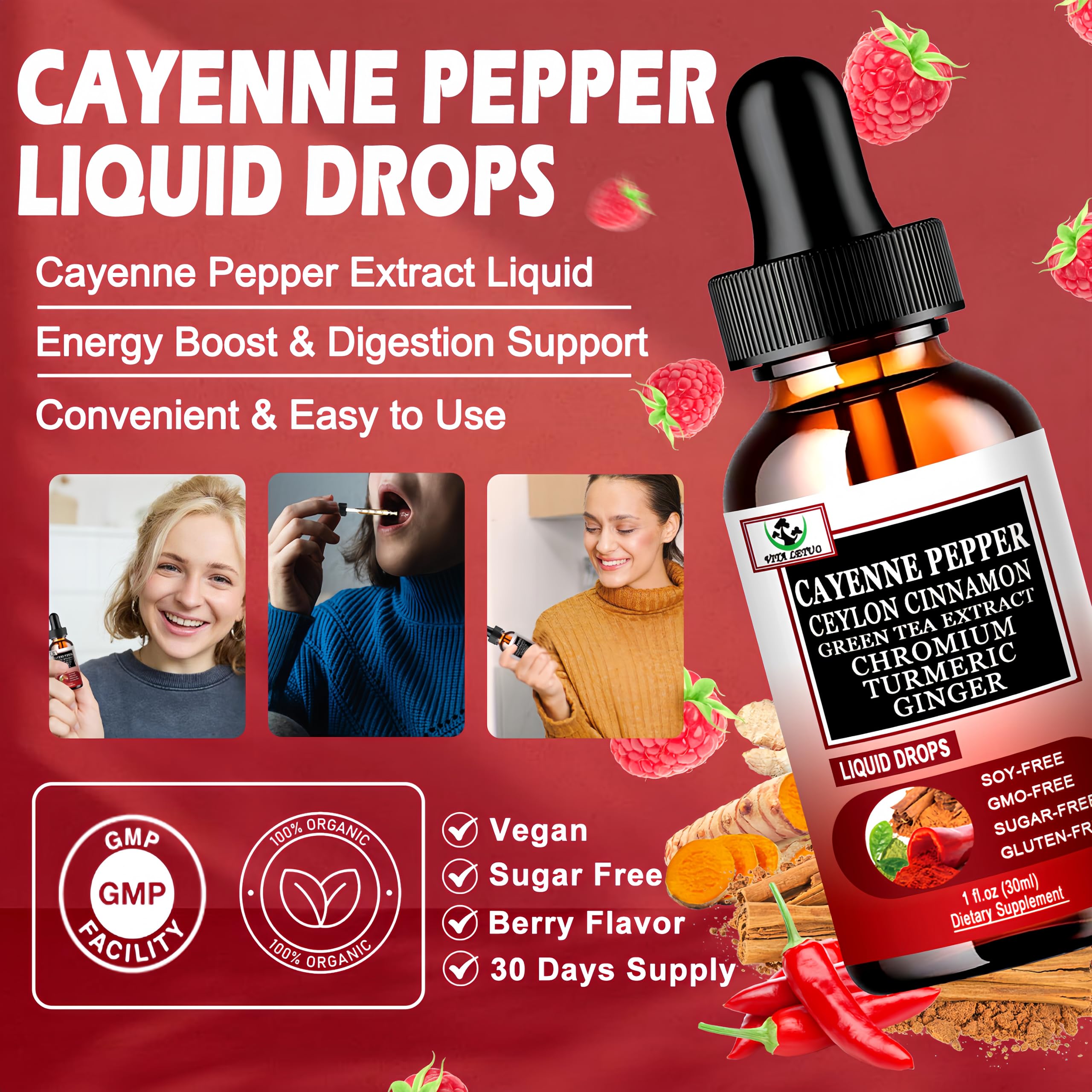 Cayenne Pepper Drops, High Absorption 6-in-1 Liquid Cayenne Pepper Supplement w/Ceylon Cinnamon, Green Tea Extract, Turmeric, Organic Liquid Drops Than Cayenne Capsules Powder Vita letuo Au supplements