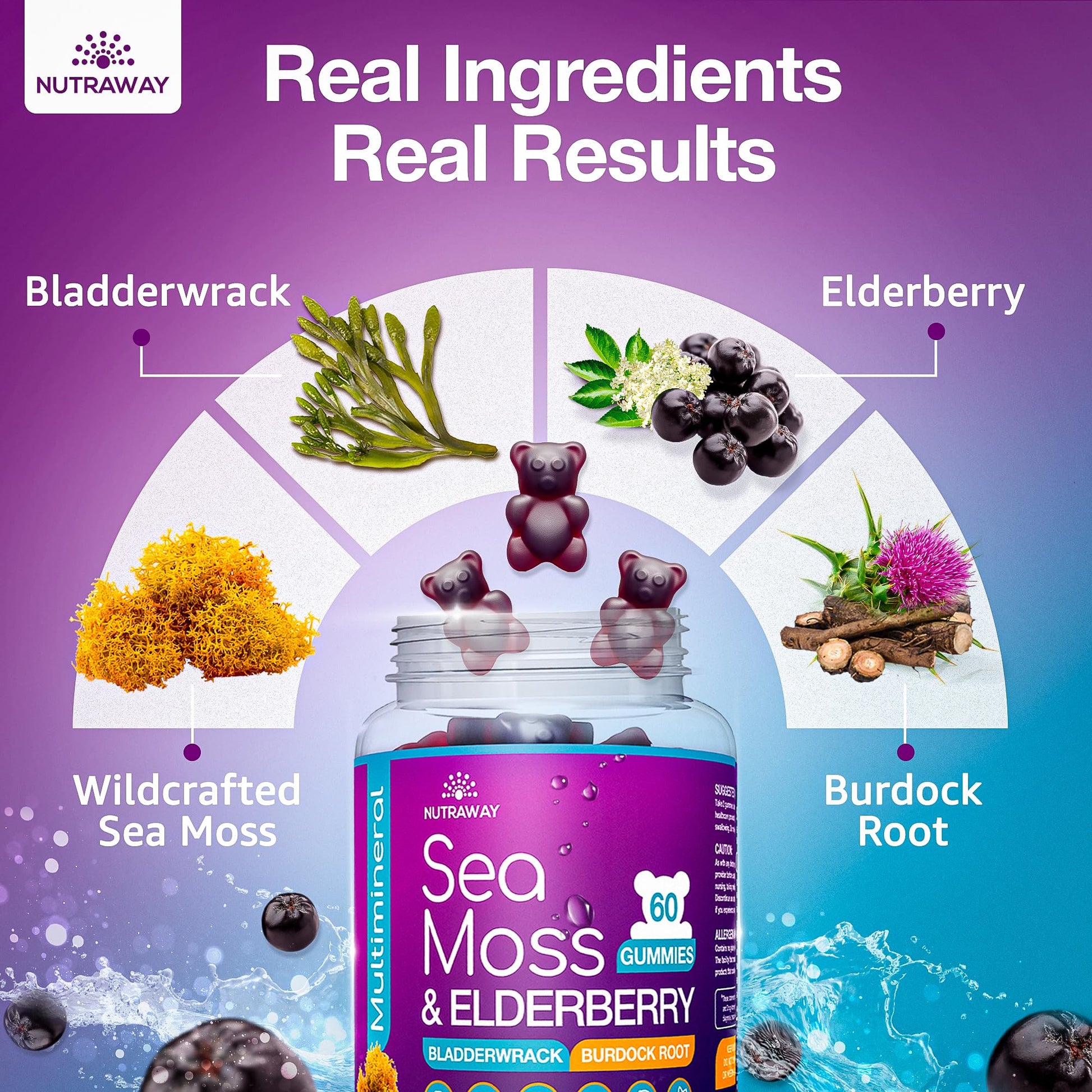 NUTRAWAY LABS Sea Moss Gummies with Elderberry, Vitamin C & Zinc - 102 Minerals from Irish Sea Moss, Bladderwrack & Burdock Root for Immune Support - Vegan Seamoss Supplement (Pack of 1) NUTRAWAY LABS Au supplements