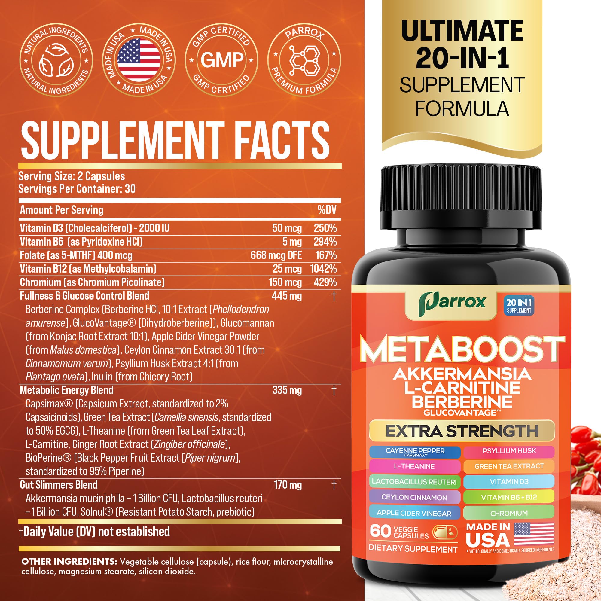 GLP-1 Booster Supplement, Akkermansia, L-Carnitine, Berberine (GlucoVantage), Methylfolate, Methylated B12, Chromium, Capsimax, Psyllium Husk, Probiotics Vitamins D3, B6, 20-in-1 Plant-Based (60 Caps) Parrox Au supplements