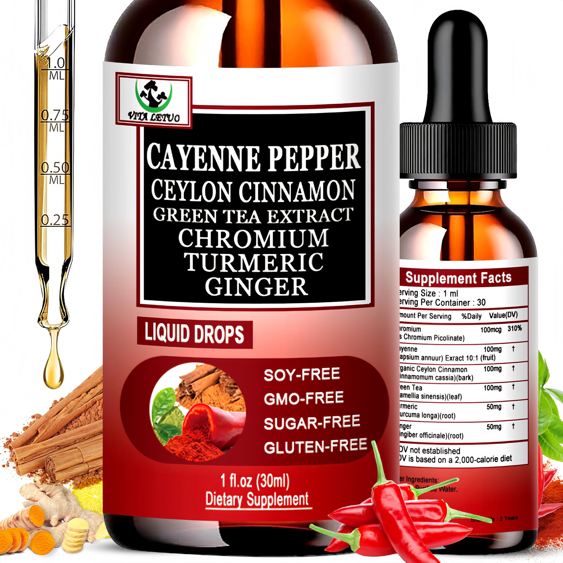 Cayenne Pepper Drops, High Absorption 6-in-1 Liquid Cayenne Pepper Supplement w/Ceylon Cinnamon, Green Tea Extract, Turmeric, Organic Liquid Drops Than Cayenne Capsules Powder Vita letuo Au supplements