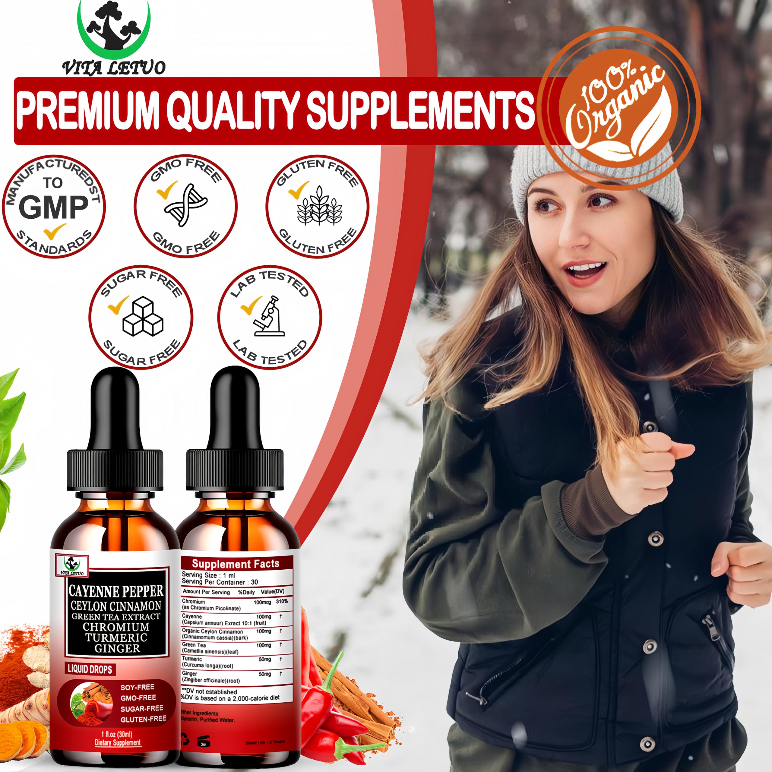 Cayenne Pepper Drops, High Absorption 6-in-1 Liquid Cayenne Pepper Supplement w/Ceylon Cinnamon, Green Tea Extract, Turmeric, Organic Liquid Drops Than Cayenne Capsules Powder Vita letuo Au supplements
