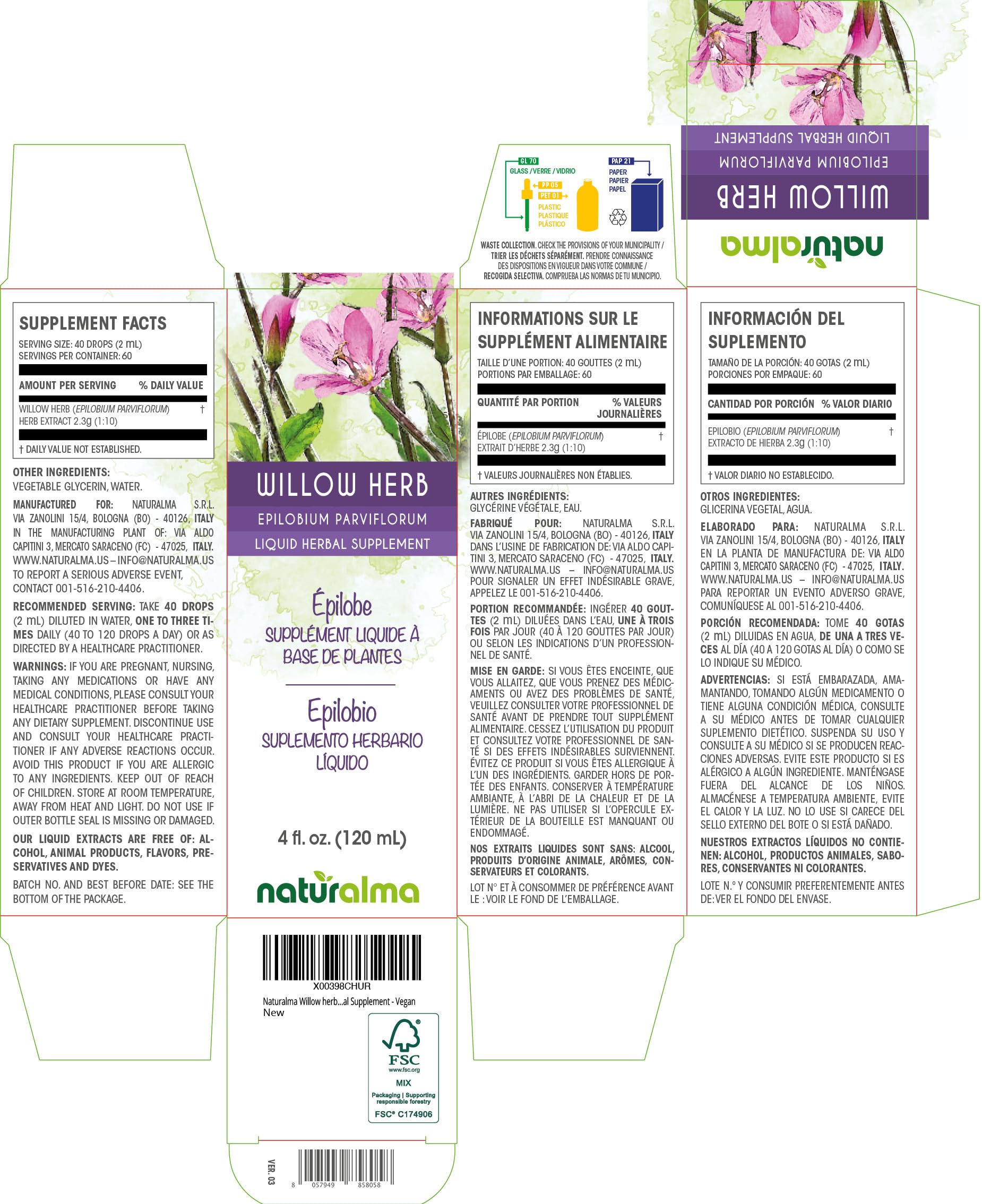 Naturalma Willow herb or Fireweed (Epilobium parviflorum) herb Alcohol-Free Tincture - 4 fl oz Liquid Extract in Drops - Herbal Supplement - Vegan Naturalma Au supplements