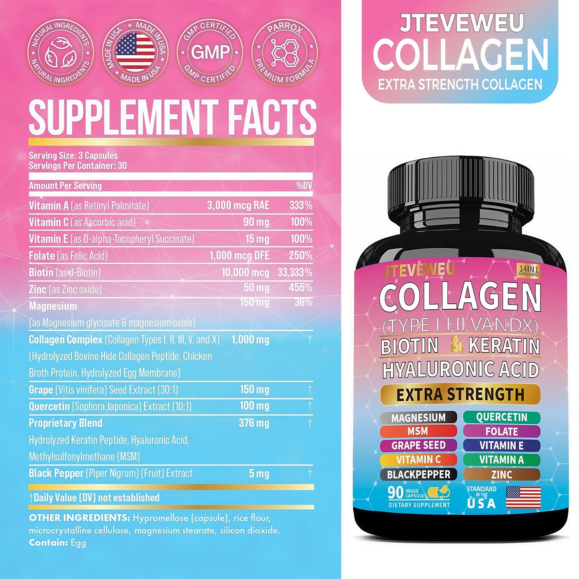 JTEVEweu Collagen Supplement - Type I, II, III, V and X - with Biotin, Keratin, Hyaluronic Acid & 13+ Extra Strength Ingredients - （90 Capsules） JTEVEweu Au supplements