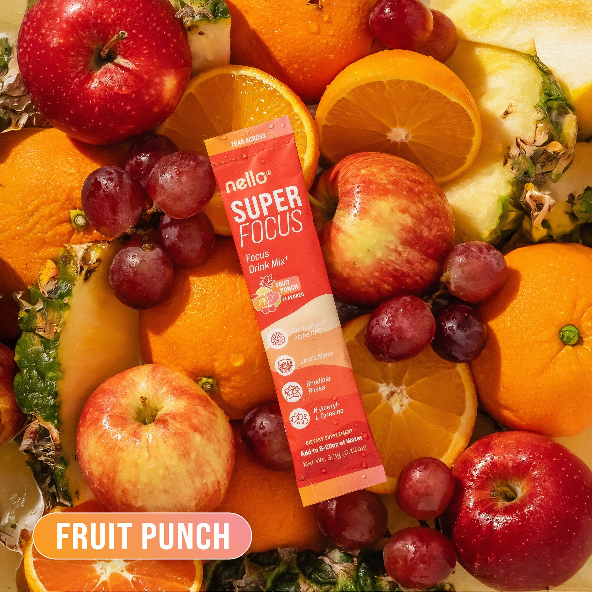 Nello Superfocus Focus Drink Mix – Fruit Punch Flavor – Alpha GPC, Lion’s Mane, Rhodiola & N-Acetyl L-Tyrosine – Sugar-Free, On-the-Go Packets – 20 Servings Nello Au supplements