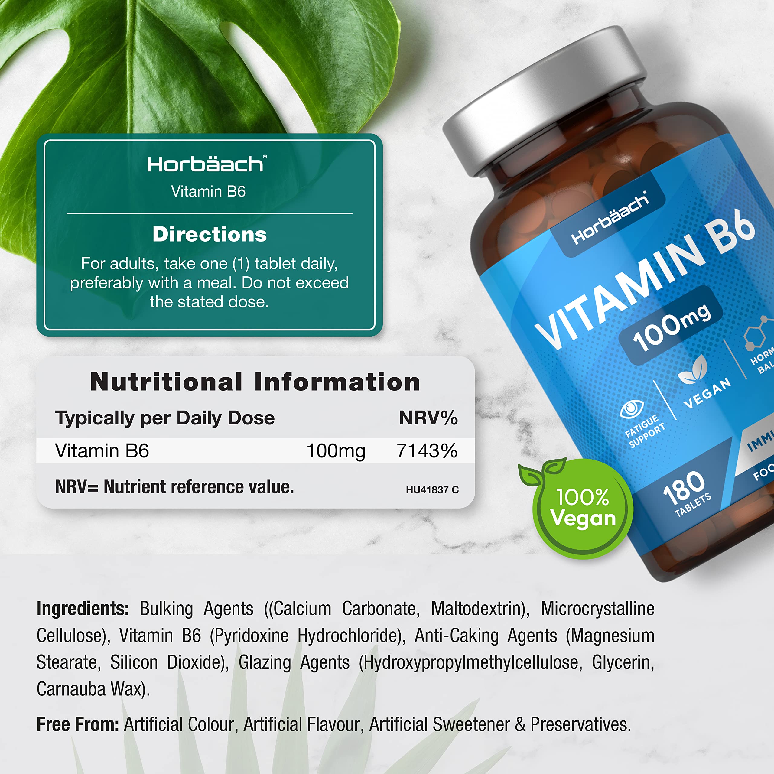 Vitamin B6 100mg | 180 High Strength Tablets | Regulation of Hormonal Activity & Fatigue Horbäach Au supplements