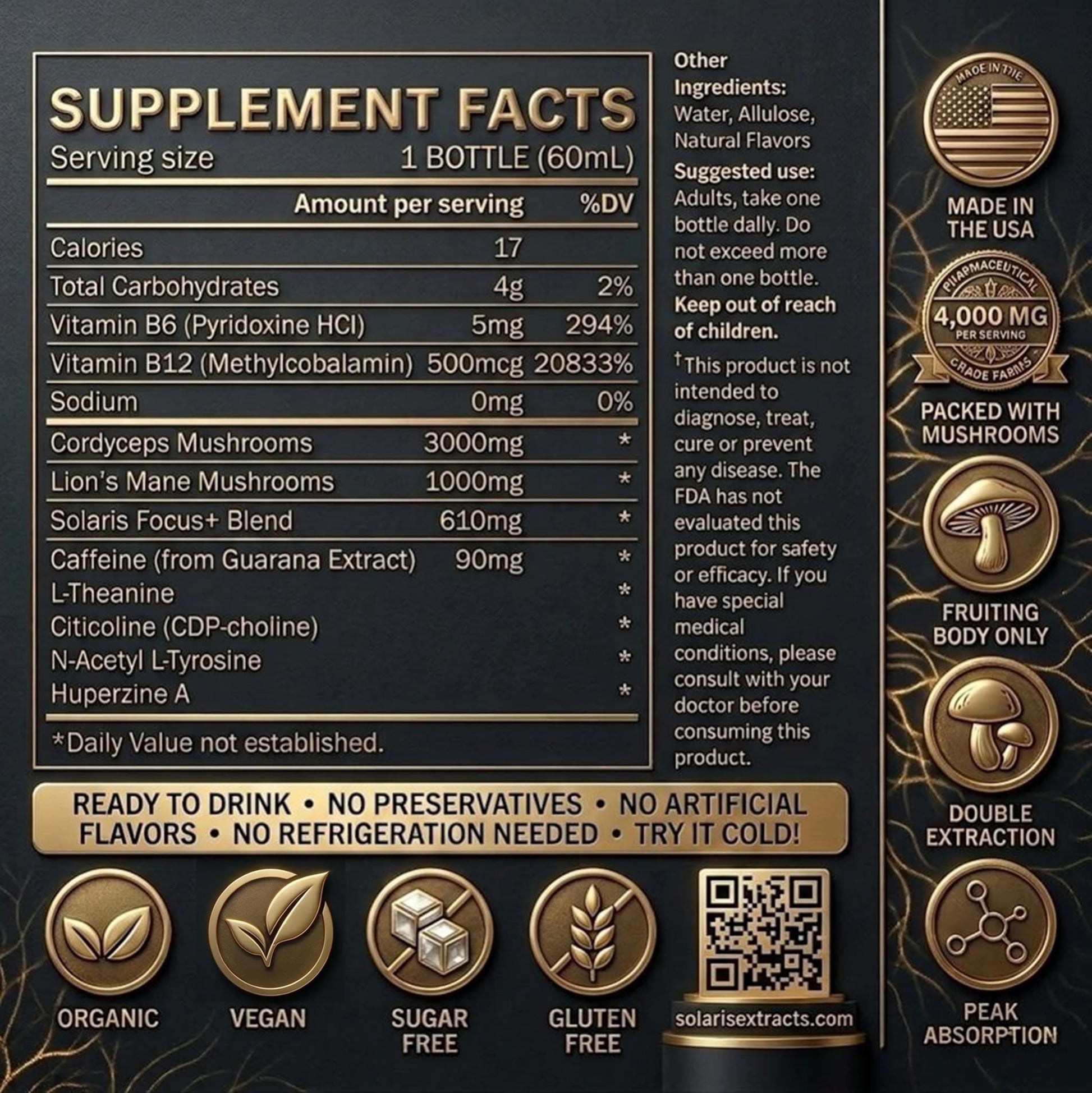 Solaris Mushroom Productivity Wellness Shots | Focus, Circulation, Memory | 4000mg of Cordyceps & Lion's Mane | Citicoline, L-Theanine, Vitamin B6/B12 | Coffee Alternative (6-Pack) Solaris Extracts Au supplements