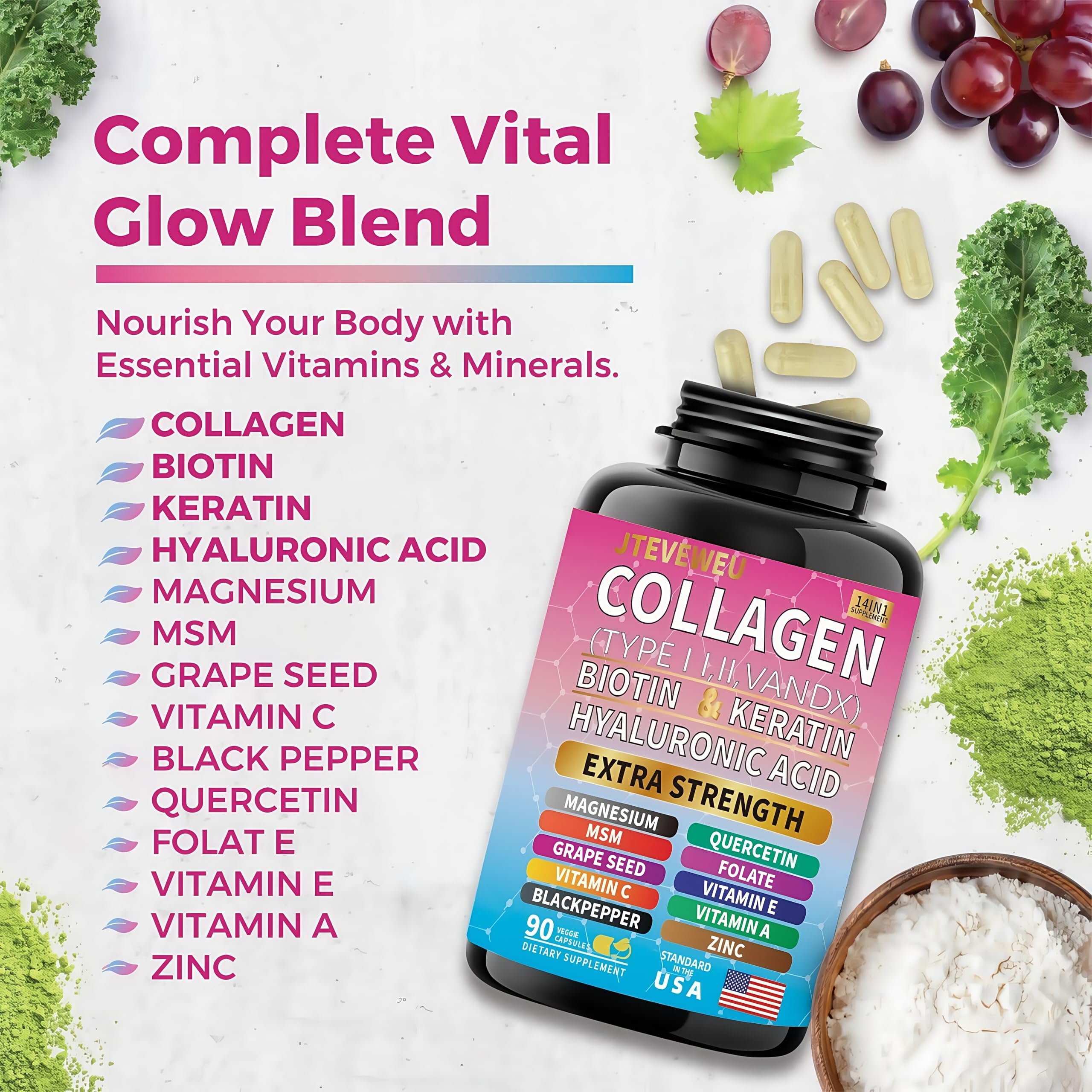 JTEVEweu Collagen Supplement - Type I, II, III, V and X - with Biotin, Keratin, Hyaluronic Acid & 13+ Extra Strength Ingredients - （90 Capsules） JTEVEweu Au supplements