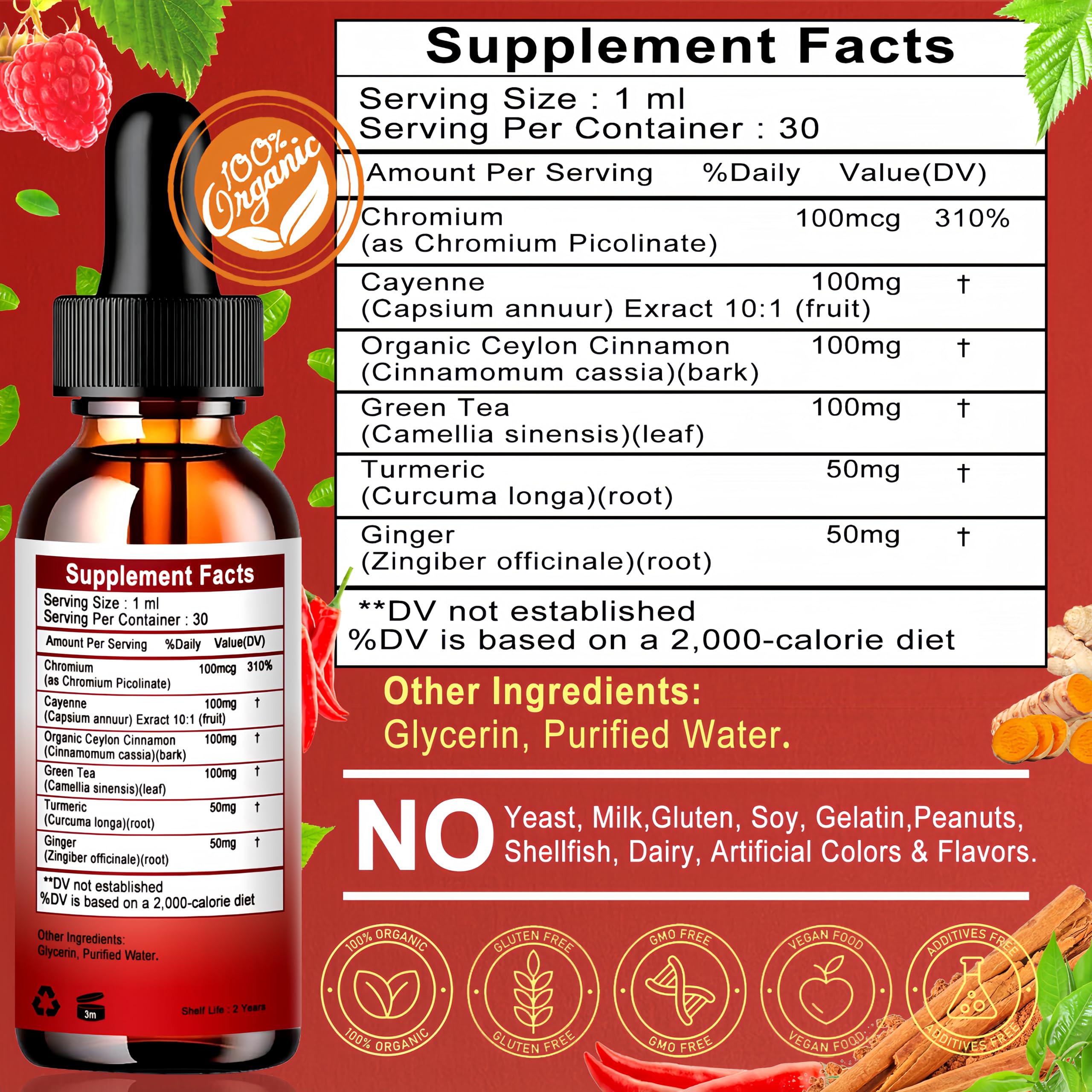 Cayenne Pepper Drops, High Absorption 6-in-1 Liquid Cayenne Pepper Supplement w/Ceylon Cinnamon, Green Tea Extract, Turmeric, Organic Liquid Drops Than Cayenne Capsules Powder Vita letuo Au supplements